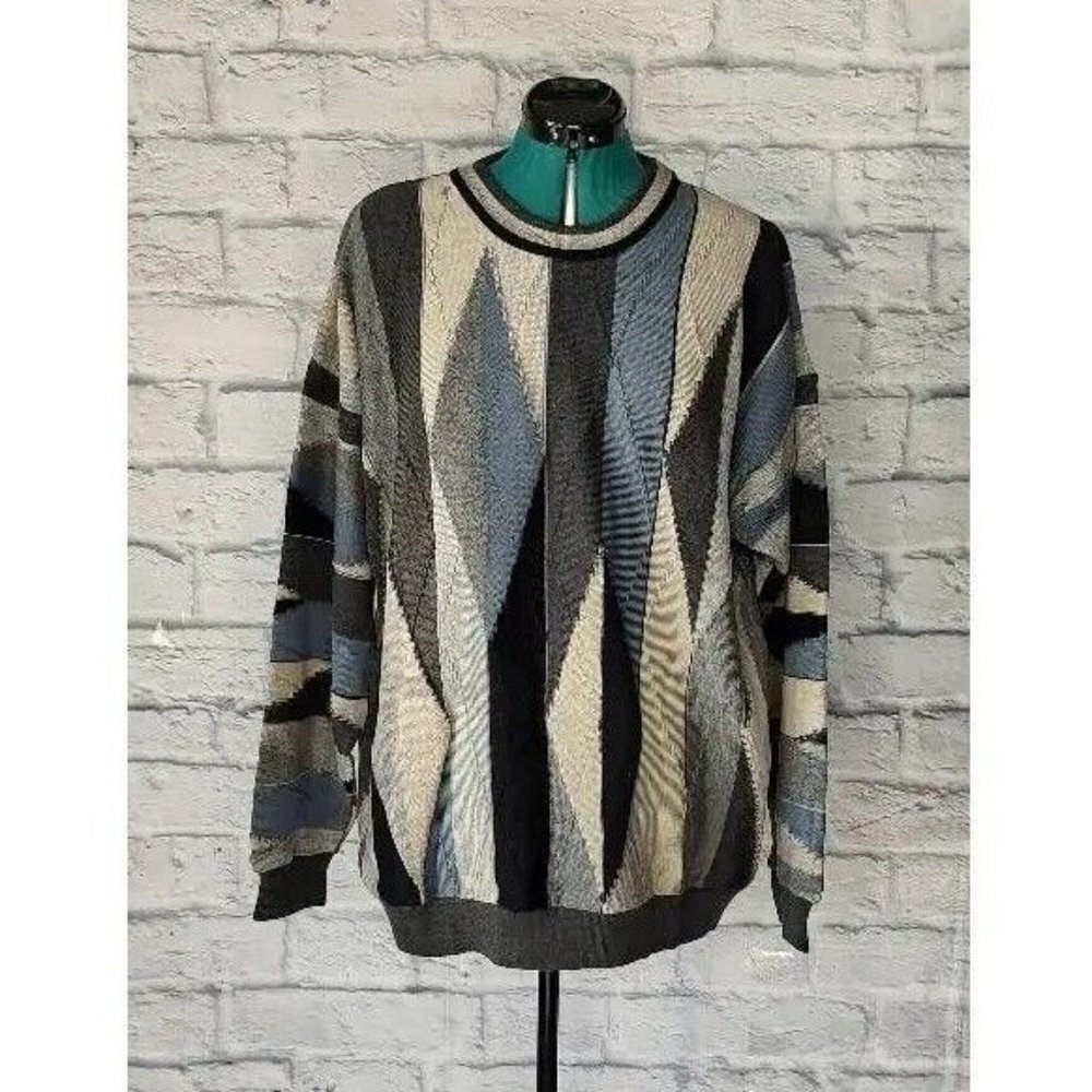TUNDRA Vintage Mens Pullover Sweater Multicolor Geometric Crew Neck Knit XL